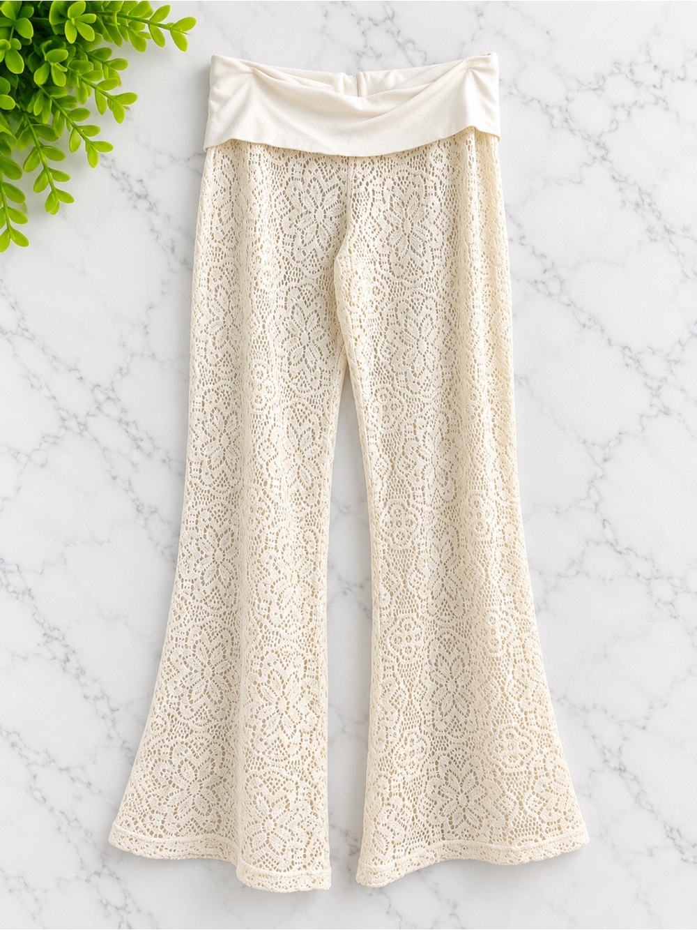 Pretty Rebellious Cream Crochet Lace Beach Cover Up Pants Flare Size M